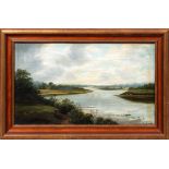 R.E. WILKINSON, OIL ON CANVAS, H 12", W 19 1/2",  "ON THE POND":  Depicts a landscape scene with