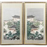 CHINESE WATERCOLORS ON PAPER, TWO, H 50", L 25",  LANDSCAPES:  Each depicting a home with a