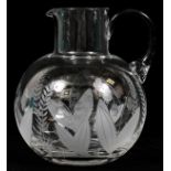 TIFFANY & COMPANY CUT CRYSTAL LEMONADE PITCHER,  H 9":  having a broad leaf and fern branch