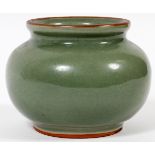 CHINESE CELADON VASE, 19TH C., H 4 3/4", DIA 6":   Chinese crackle glaze celadon pottery vase