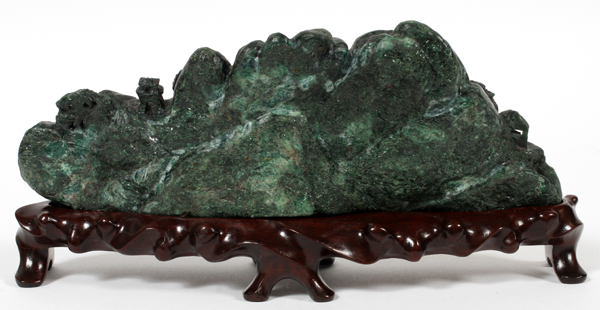 CHINESE FUCHSITE CARVING OF A VILLAGE, H 4", L  10":  Raised on a wood base. - Image 2 of 3