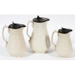 ENGLISH SALT GLAZE & PEWTER PITCHERS, C. 1840,  SET OF THREE, H 8"-9 1/2":  Three identical salt