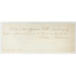 ANDREW JOHNSON DOCUMENT, 1866, H 2 1/2", W 6 3/4" Signed partial note. Dated 3-27-1866. Signed