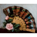 ESCUELA ESPAÑOLA ANTIGUA. "Abanico oriental con rosas". Óleo sobre lienzo. 36 x 45,5 cm. Firmado