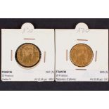 Dos monedas de 20 francos de oro. Francia: - Carlos X. 1827. - Napoleón III. 1855. A.