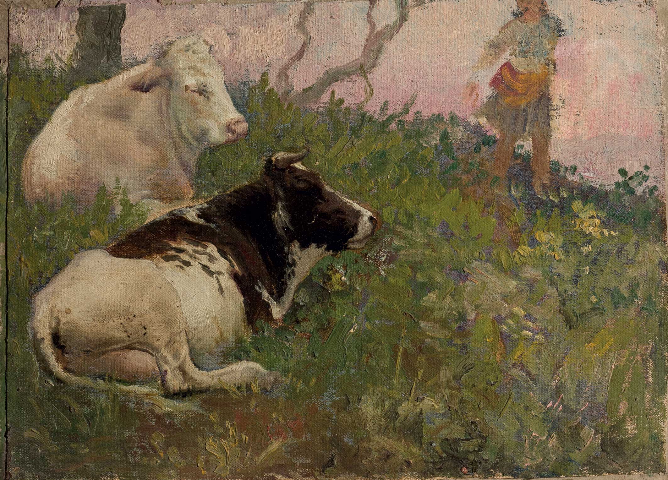 GÁRATE CLAVERO, JUAN JOSÉ (1870 - 1939). "Vacas". Óleo sobre lienzo pegado a cartón. 20 x 27.