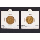 Dos monedas de oro:  - 8 florines. Hungría. Francisco José I.1888.  -10 rublos. Rusia. Nicolás II.