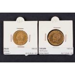 Dos monedas de oro: -20 liras. Italia. Umberto I.1882. R. -100 piastras. Turquía. Ataturk. 1923 (