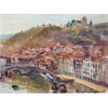 SEGUNDO, RICARDO (1903 - 1983). "Vista de pueblo con rio". Óleo sobre lienzo pegado a cartón. 15,5 x