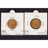 Dos monedas de oro de 20 francos:  - Napoleón III. 1861. Cabeza laureada. A. - República francesa.
