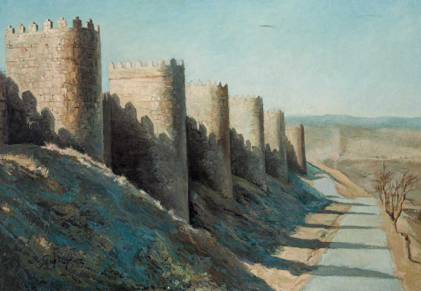 *SANCHEZ LÓPEZ. "Murallas de Ávila". Óleo sobre lienzo. 116 x 80 cm. Firmado en el ángulo inferior