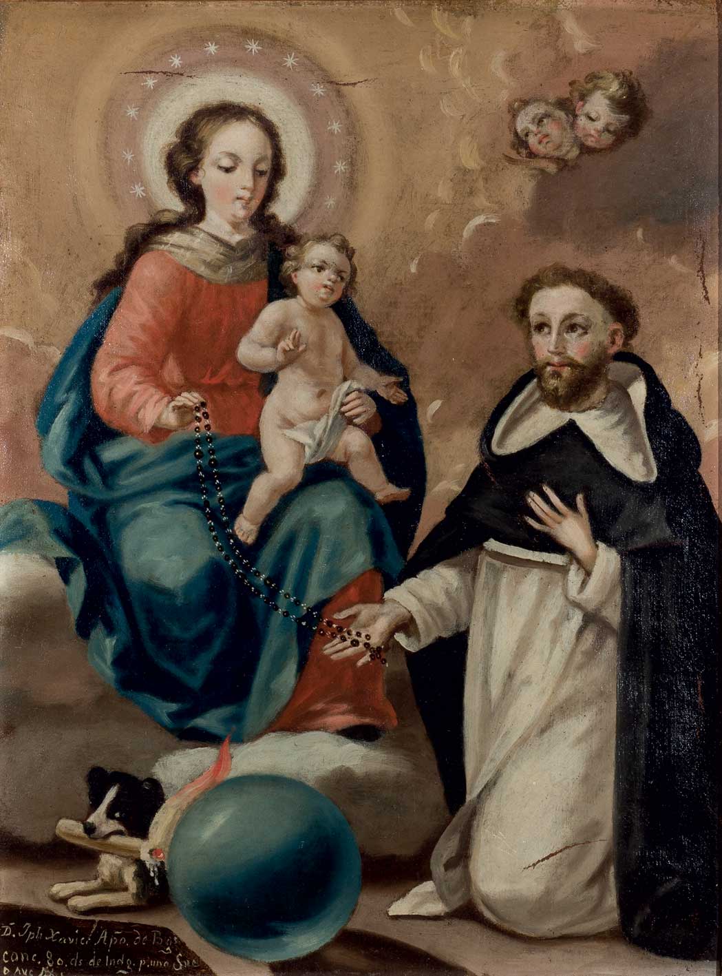 ESCUELA ESPAÑOLA ANTIGUA. "Virgen con Niño y Santo Domingo de Guzmán". Óleo sobre lienzo. 46 x 33,