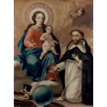 ESCUELA ESPAÑOLA ANTIGUA. "Virgen con Niño y Santo Domingo de Guzmán". Óleo sobre lienzo. 46 x 33,