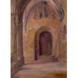 ESCUELA ESPAÑOLA. "Claustro". Óleo sobre tabla. 28 x 21 cm. Firmado J. Benlliure. Precio Salida: