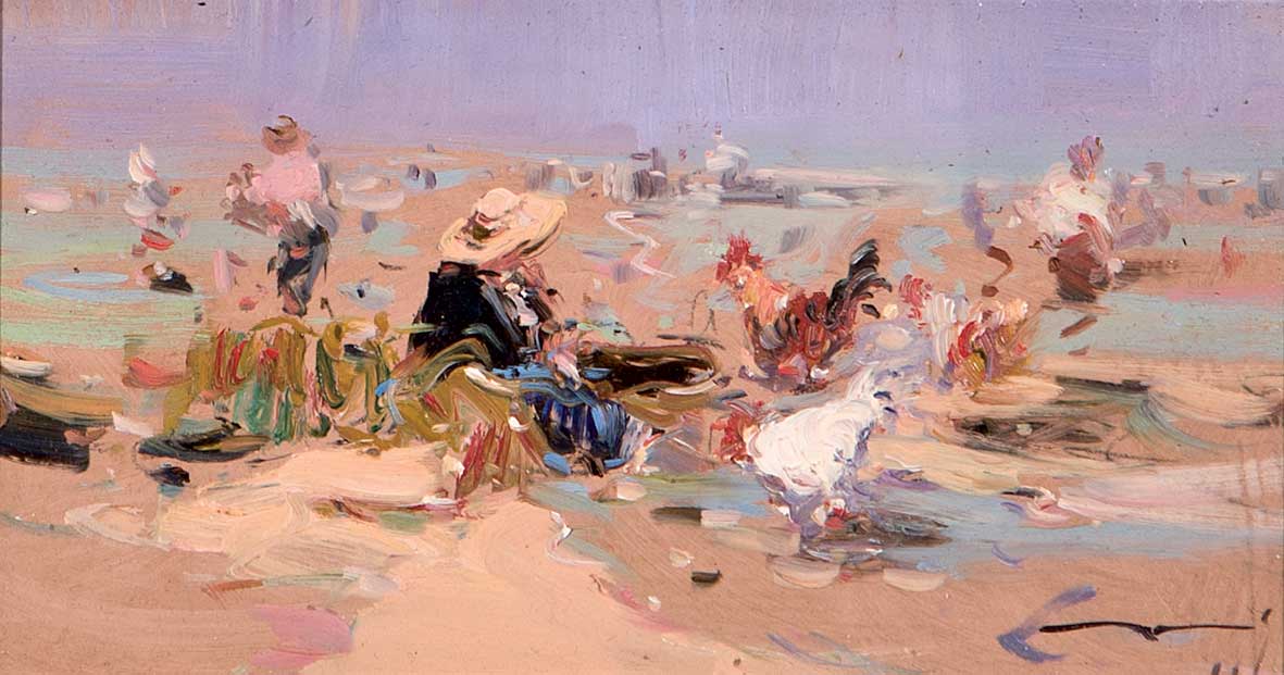 CASARRUBIOS, GABRIEL (1953 - ). "En la playa". Óleo sobre tabla. 11 x 22 cm. Firmado en el ángulo