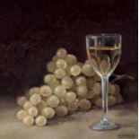 * MAIRELES. "Bodegón con uvas y copa. Óleo sobre lienzo pegado a tabla. 26 x 26 cm. Firmado "