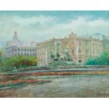 SUÁREZ GÓMEZ, JOSÉ (1935 - ). "La Cibeles". Óleo sobre DM. 33 x 41 cm. Firmado J. Suárez Gómez en el