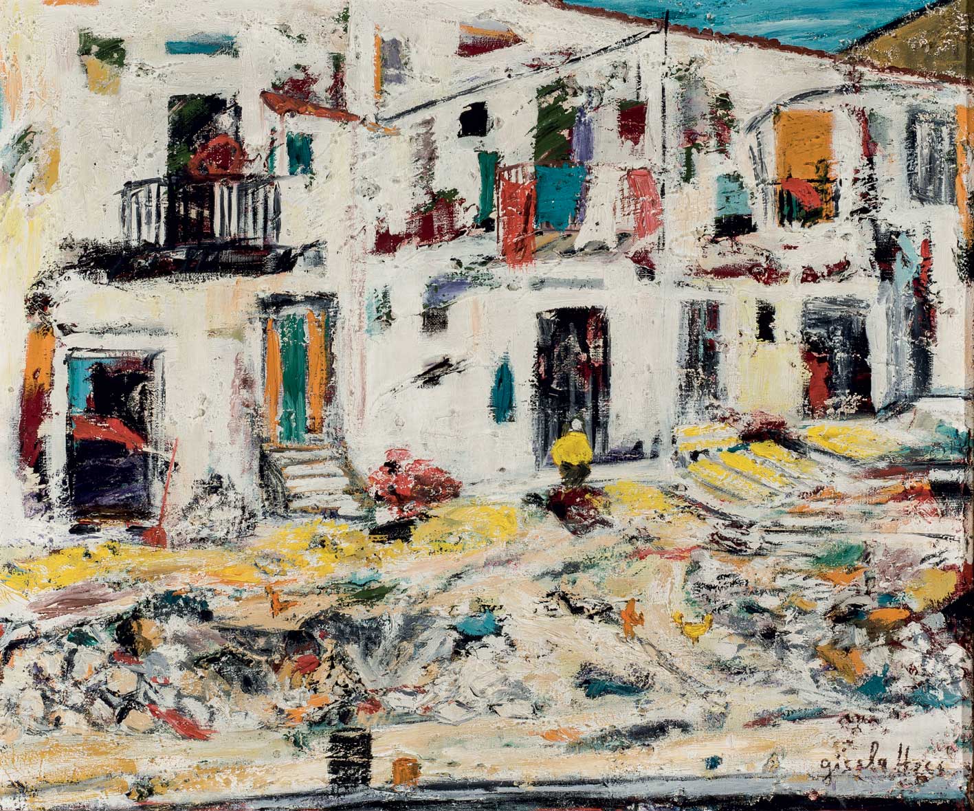 HESS, GISELA (1938 - ). "Casas de pueblo". Óleo sobre lienzo. 47 x 56 cm. Firmado en ángulo inferior