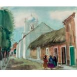 DOHME,WILHELM. "Campesinas junto a la iglesia". Acuarela. 49 x 59. Firmado en el ángulo inferior