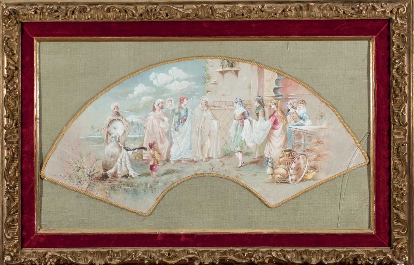 ESCUELA ESPAÑOLA ANTIGUA. "Escena orientalista". Óleo sobre país de abanico de seda. 20 x 58 cm.