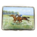 Silver plated cigarette box, the lid with enamelled horseracing scene, 11.5cm long : FOR CONDITION