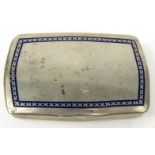 800 grade silver snuff box, the lid with blue enamel decoration, stamped marks to the interior, 8.