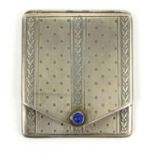 Continental silver floral matchbox holder with blue cabochon clasp, 6cm long : FOR CONDITION REPORTS