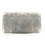 Continental rectangular silver snuff box decorated with Chateau scene and engine turned base, dog'