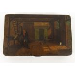 Hand painted tin tobacco box decorated with an 18th century style interior scene of a gentleman