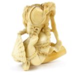 Well detailed carved meerschaum pipe bowl of a lady wearing a hat with a fan and spectacles, 6cm