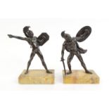 Pair of classical Roman gladiator bronze figures on beige marble bases, 19cm high : FOR CONDITION