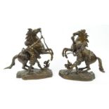 Pair of bronze Marley horse and trainers, signed Coustou 27cm high : FOR CONDITION REPORTS AND TO