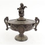 19th Century bronze classical pot and cover with cherub finial, 17cm high : FOR CONDITION REPORTS