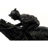 George Claxton bronze model of a jockey in full flight on a raised black marble and wooden base,