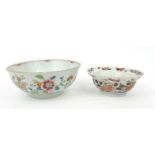 Oriental Chinese porcelain bowl enamelled with flowers, and an Imari patterned bowl, the larger bowl