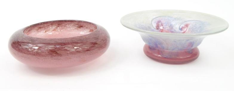 Vasart pink glass bowl, together with a pink, white and blue swirling glass dish, inscribed etched