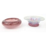 Vasart pink glass bowl, together with a pink, white and blue swirling glass dish, inscribed etched