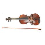 Old wooden violin and bow with case, the back 37cm in length : For Condition Reports please visit