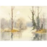Ronald Crampton - Morning at the Pond - Watercolour of a misty lake, mounted and framed, 22cm x 29cm