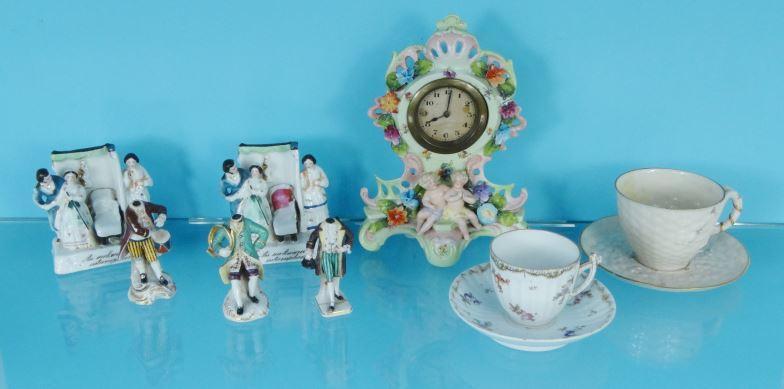Assorted Victorian china figures, fairings, etc, a Belleek cup and saucer and a mantel clock : For