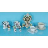 Assorted Victorian china figures, fairings, etc, a Belleek cup and saucer and a mantel clock : For