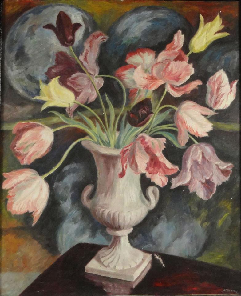 Margaret Niven - Tulips - Oil onto canvas in a black painted wooden frame, 60cm x 49cm excluding the