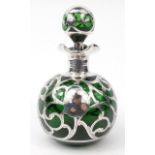 Silver overlaid green glass scent bottle and stopper, 16cm high : For Condition Reports please visit