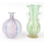 Venitian Murano twin handled latticino glass vase, together with a bottle vase the larger 12cm