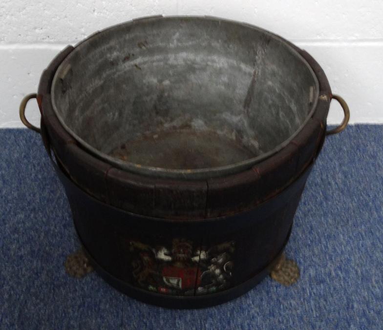 Antique metal bound oak bucket with paw feet and painted crest : For Condition Reports please - Image 2 of 3