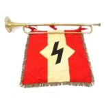 Military interest brass bugle with cloth Nazi pennant, 79cm long : For Condition Reports please