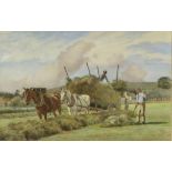 Arthur C. Dodd November 1879 - Watercolour of haymaking, mounted and framed, 53cm x 34cm excluding