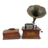 Wooden cased Colombia gramophone with a tin horn, 32cm high excluding the handle : For Condition