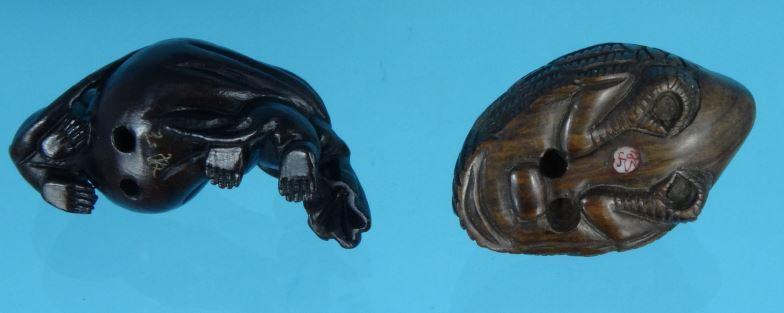 Two oriental carved wooden Netsukes - one of rats, the other of a bird, the larger 5.5cm long : - Image 3 of 3