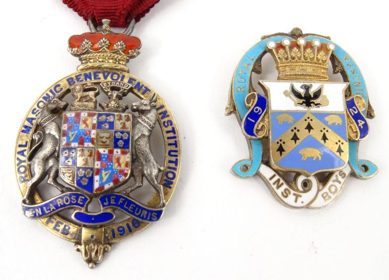Selection of silver and enamel Masonic jewels, together with a silver Gratitude medal, the largest